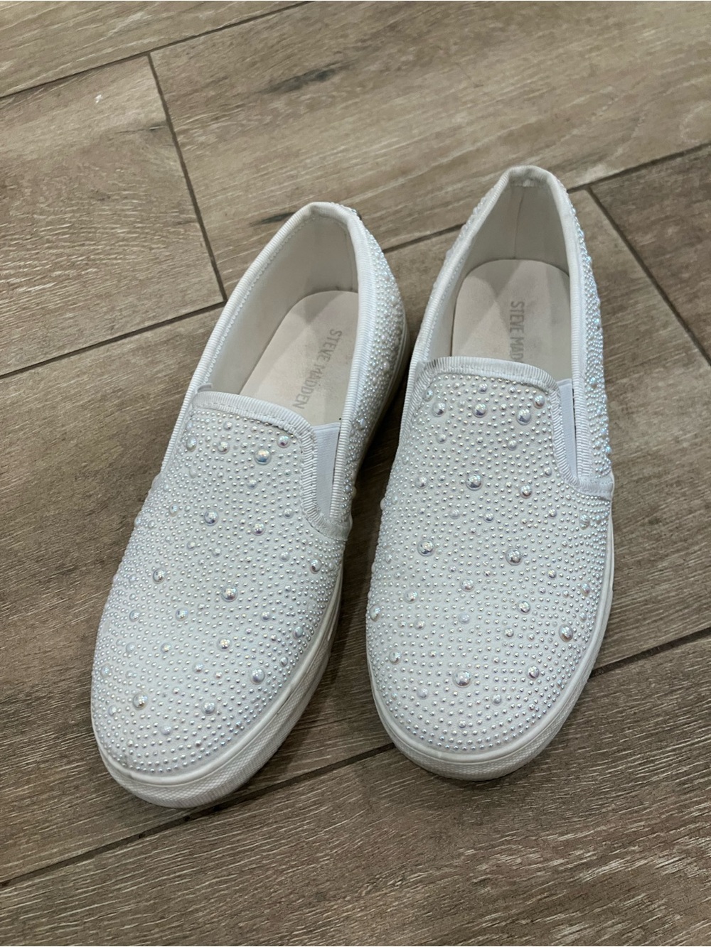 Steve Madden White Pearl & Crystal Slip-On Sneakers